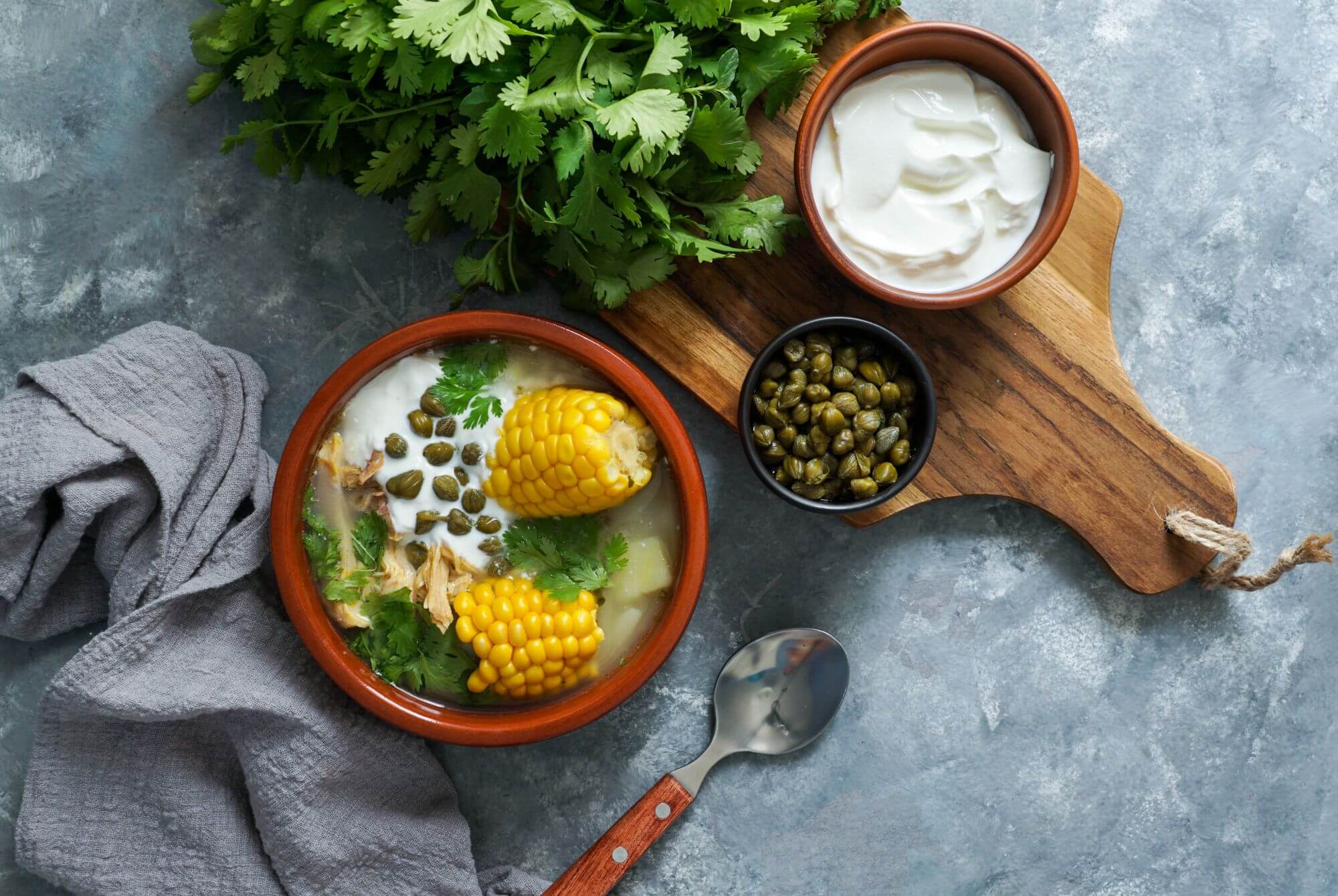 This Colombian soup is made with corn, chicken and up to three different types of potatoes.