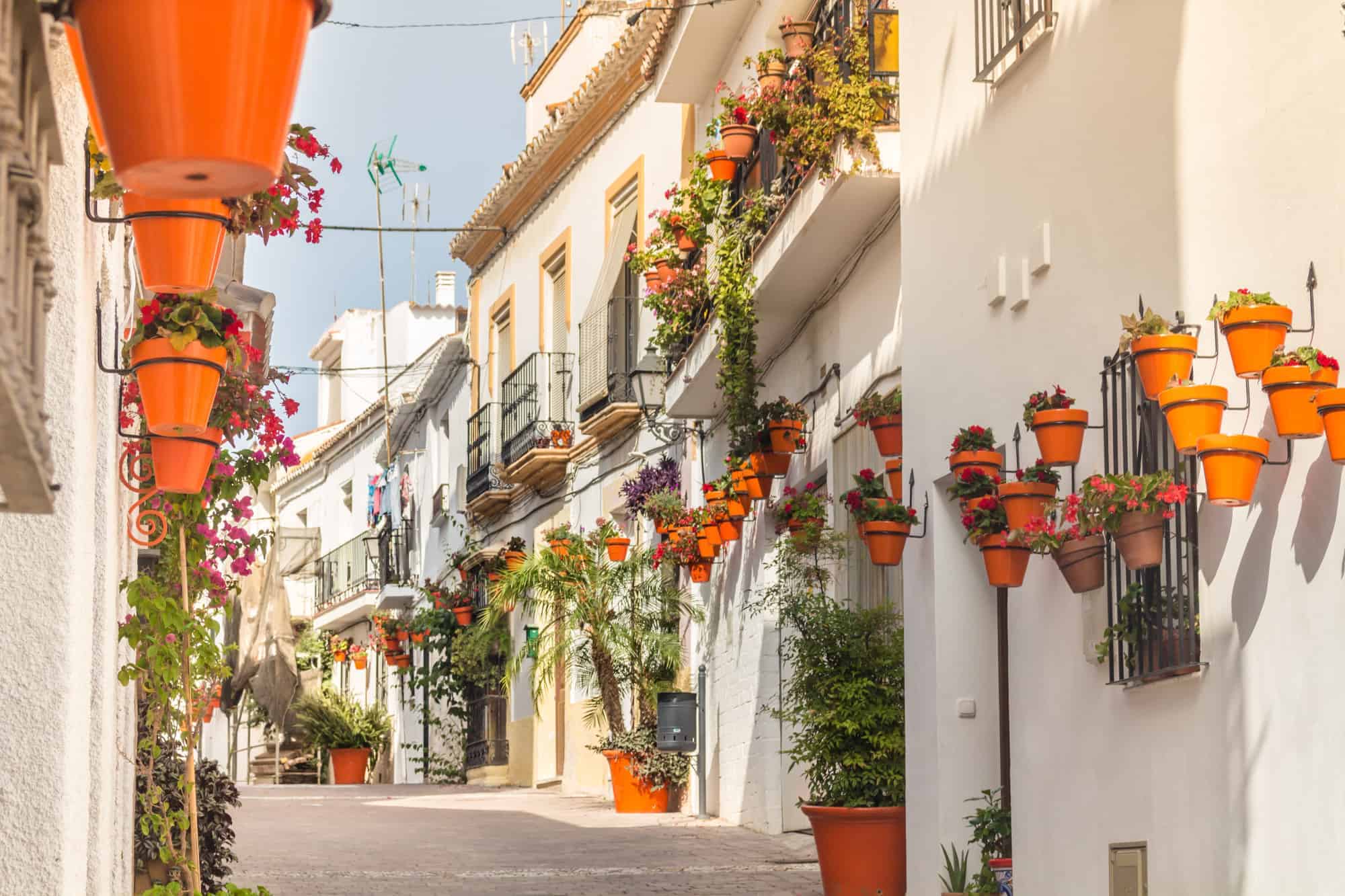 White houses in Estepona with traditional eathclay flower pots and bright flowers