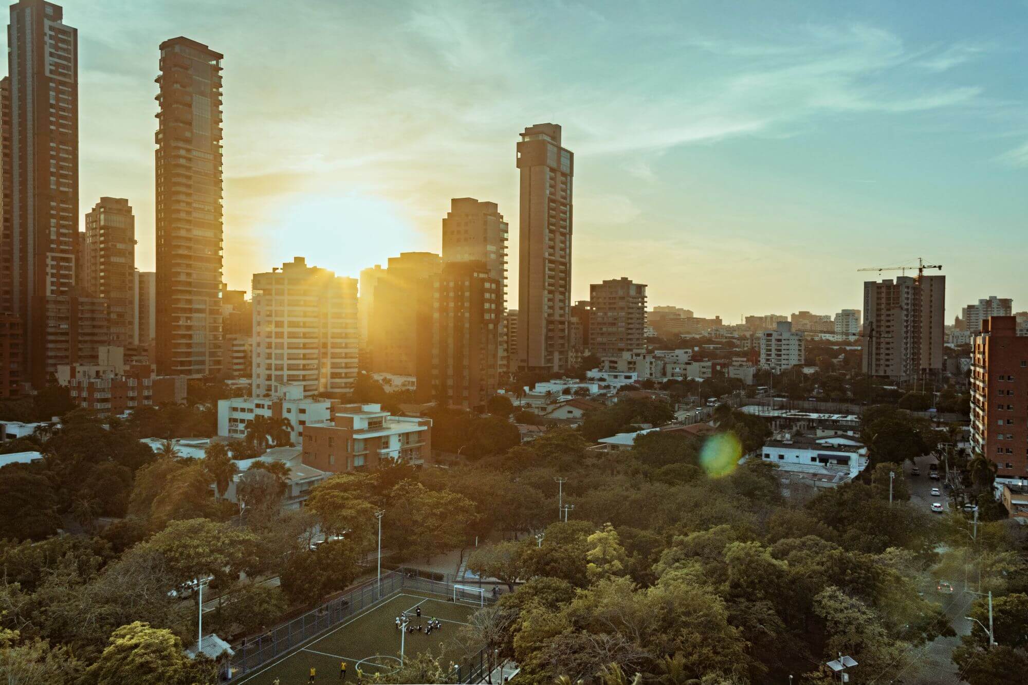A cityscape of Barranquilla at the sunset