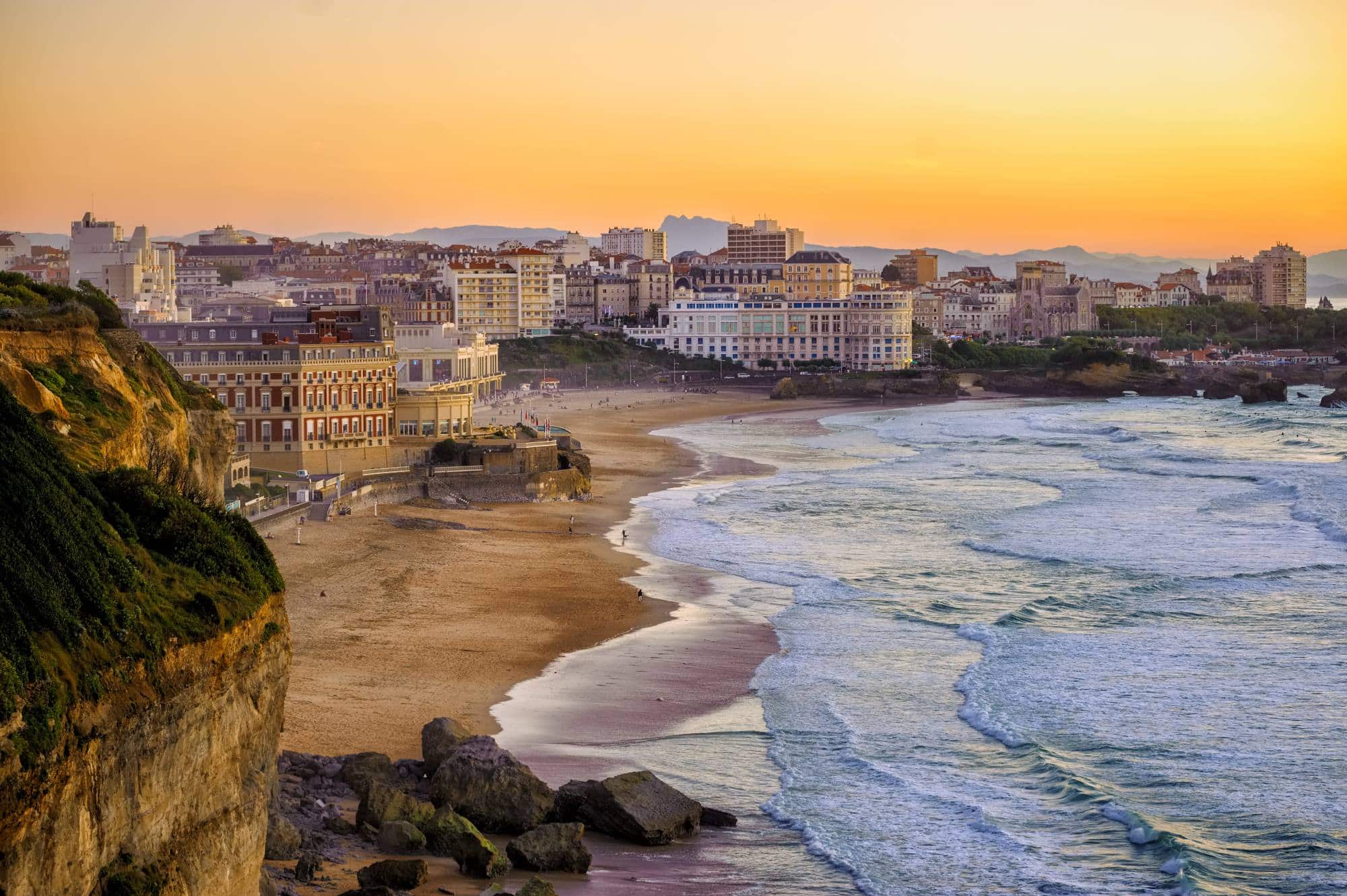 Biarritz city and its famous sand beaches - Miramar and La Grande Plage, Bay of Biscay.