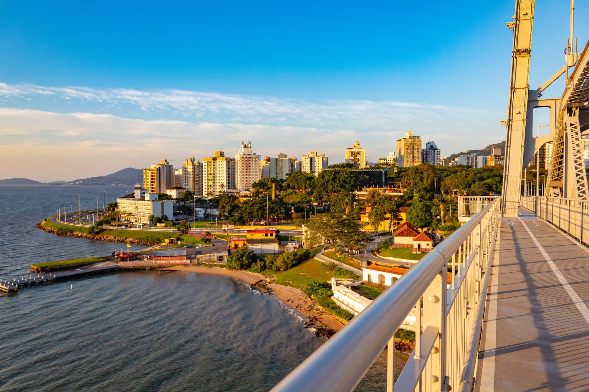 sunset light hitting the Hercílio Luz bridge in Florianópolis, Santa Catarina, Brazil Florianopolis