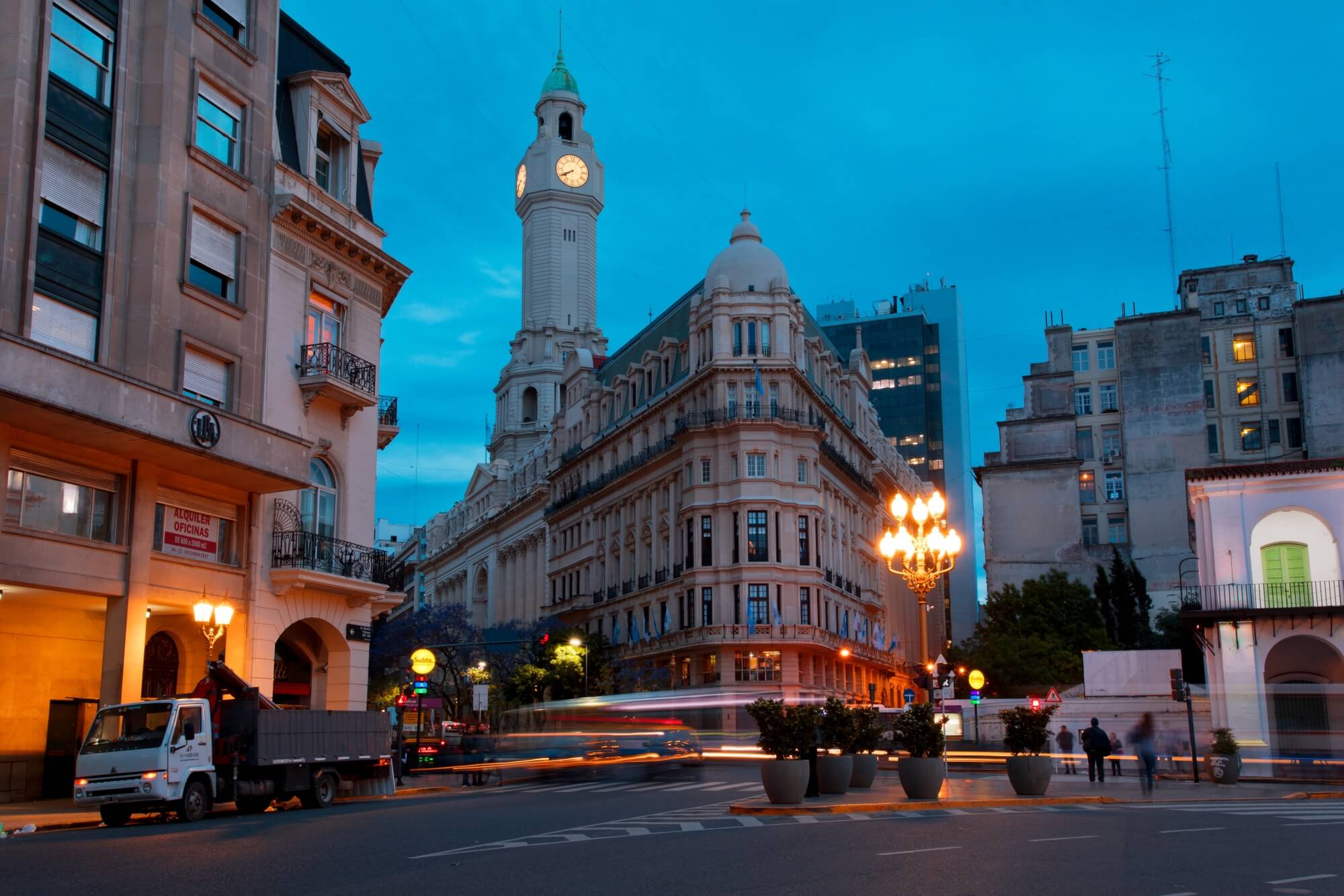 A downtown of Buenos Aires at night - a city junction lit up by lights