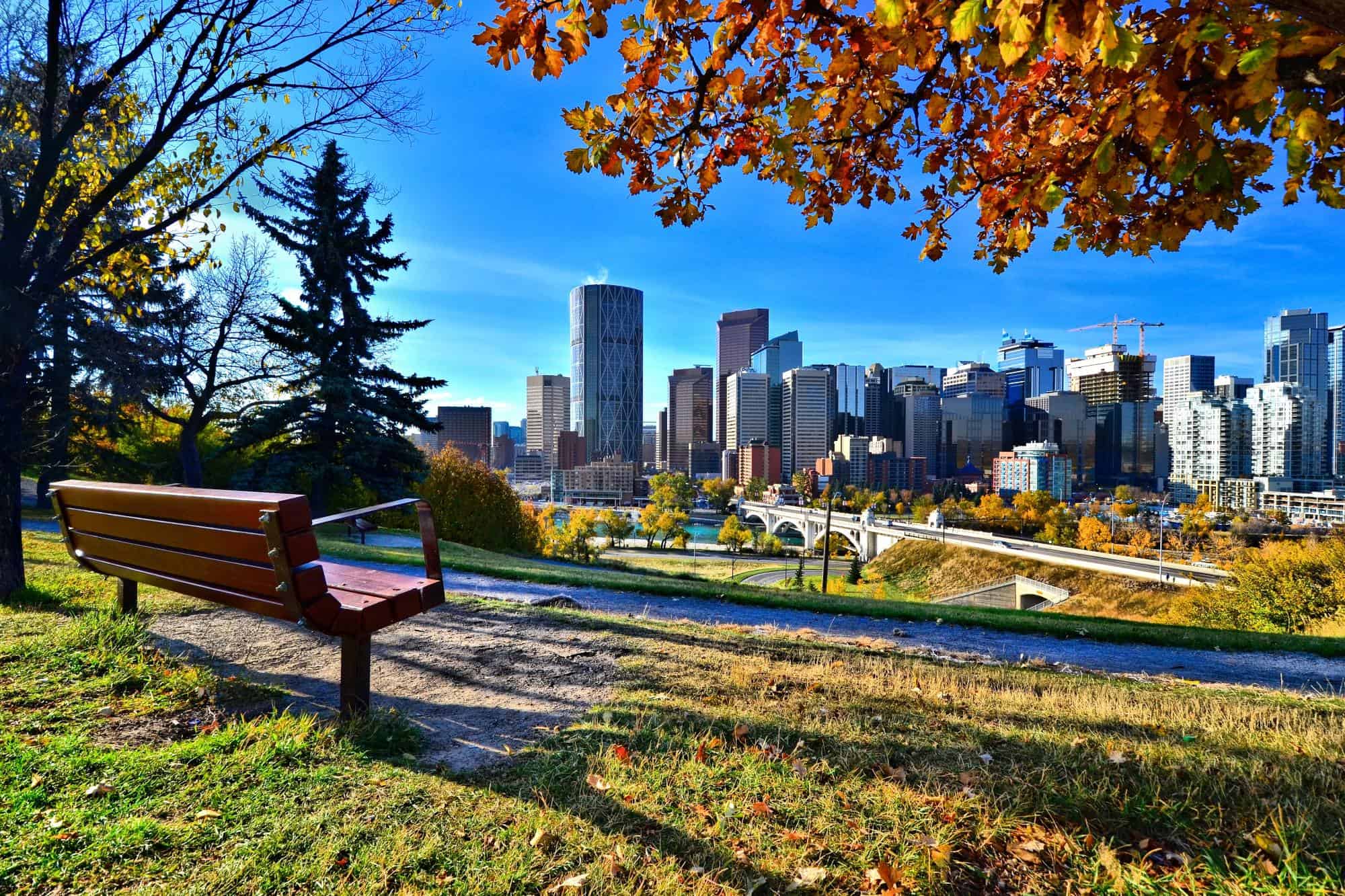 Calgary river side park with city views in fall.
