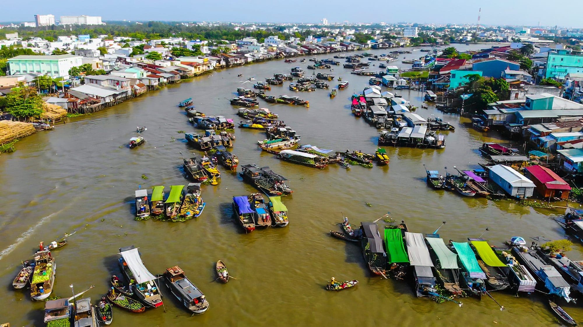 Aerial view of Cai Rang floating market, Can Tho, Vietnam. Cai Rang is famous market in mekong delta, Vietnam.