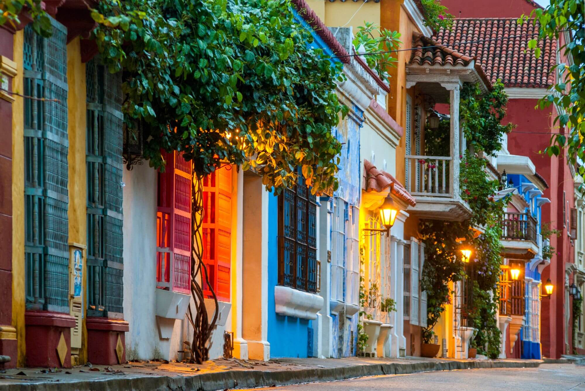 A street with bright historic houses in Cartagena, Colombia