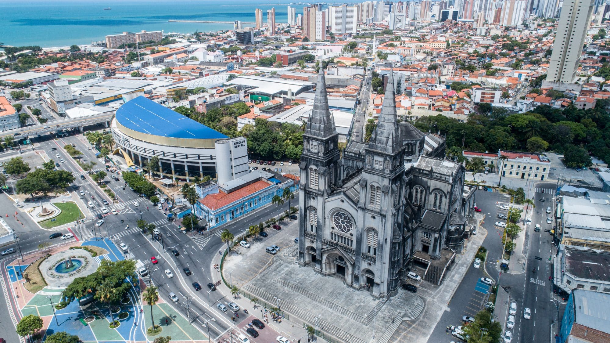 An aerial view of the Metropolitan Cathedral in downtown Fortaleza (Centro), right by the Central Market.