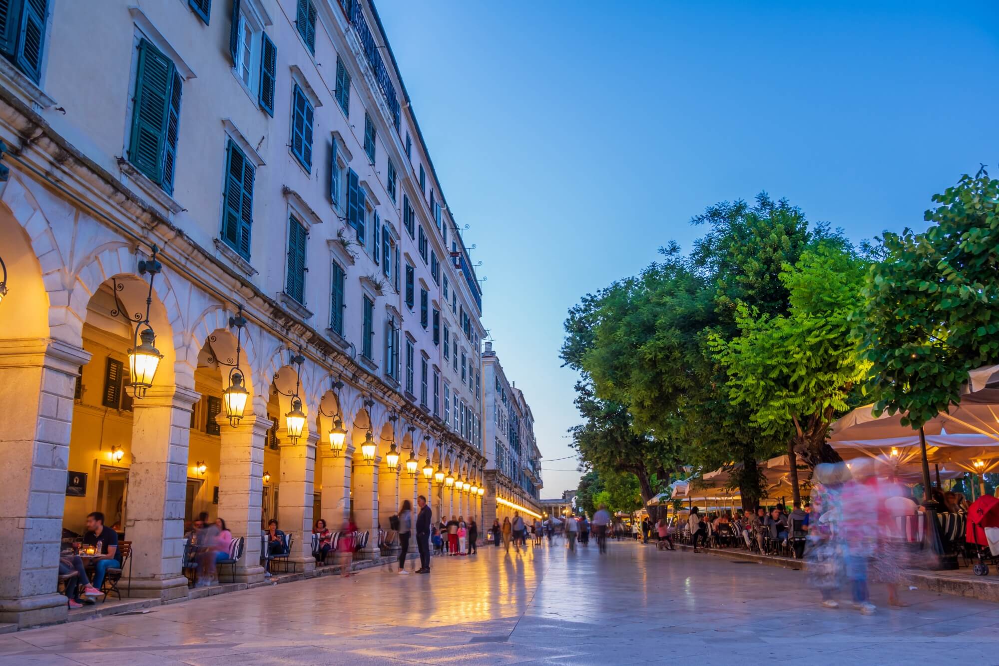 Corfu Old Town at night - beautifully lit buildings and a city [ark