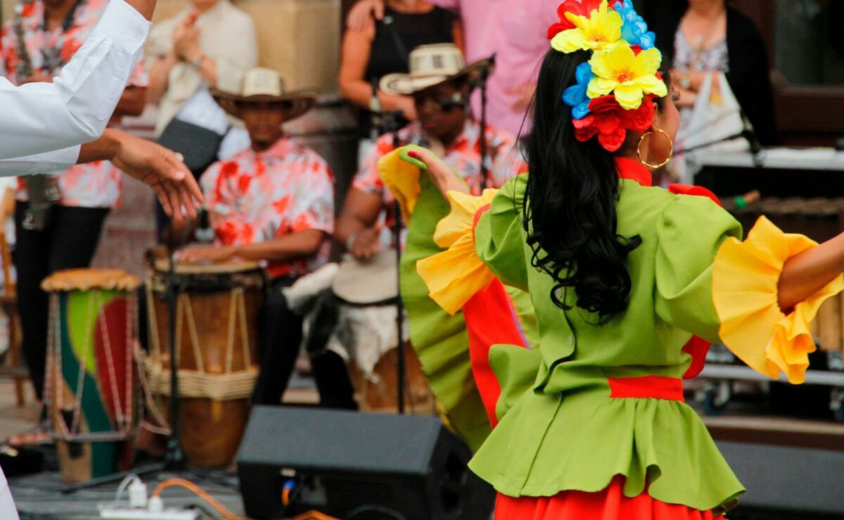 Musicians on the street of Bogota playing Colombian Cumbia, a musical rhythm and traditional folk dance from Colombia.