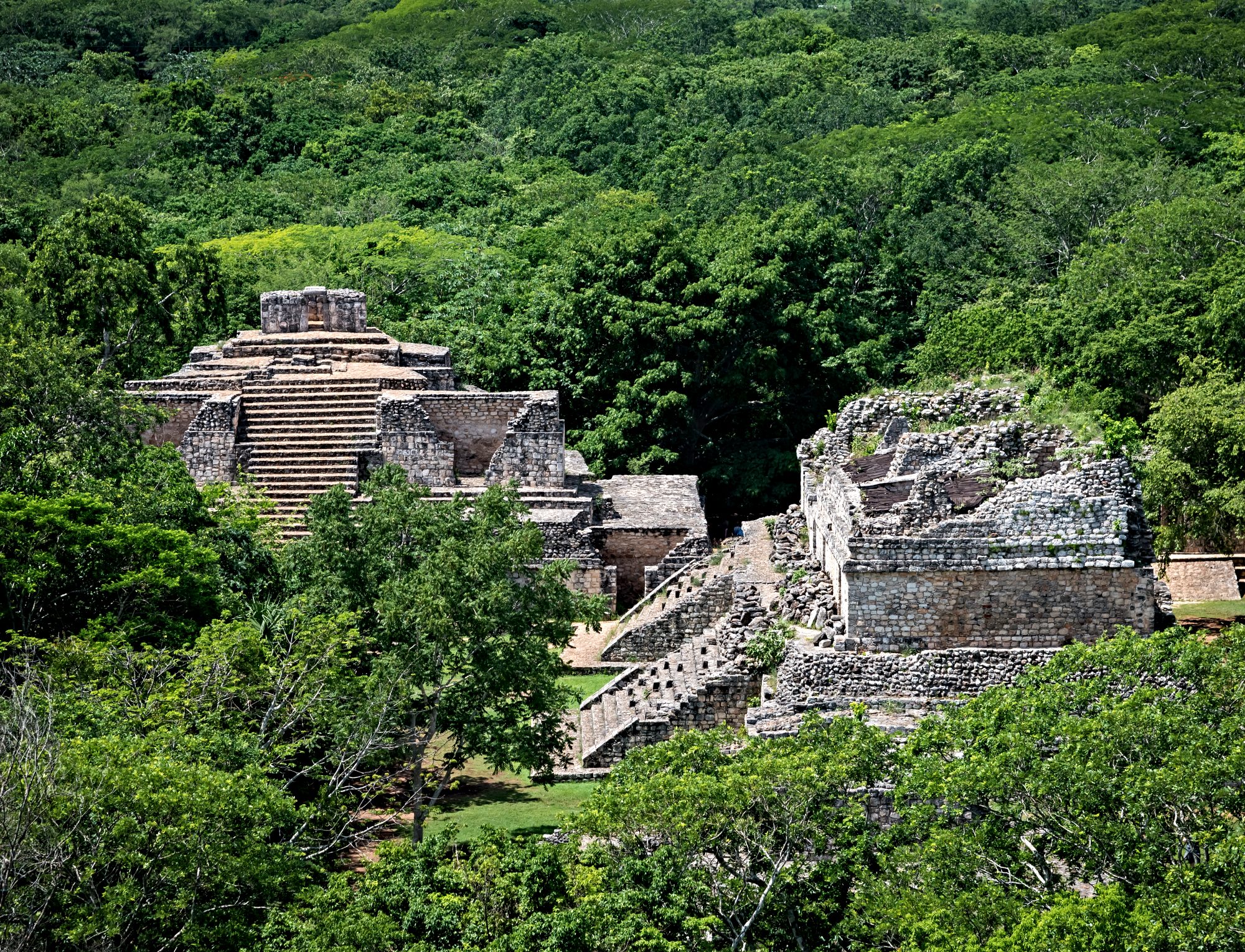 The remnants of Mayan pyramids in the Yucatan peninsula hidden in thick jungles