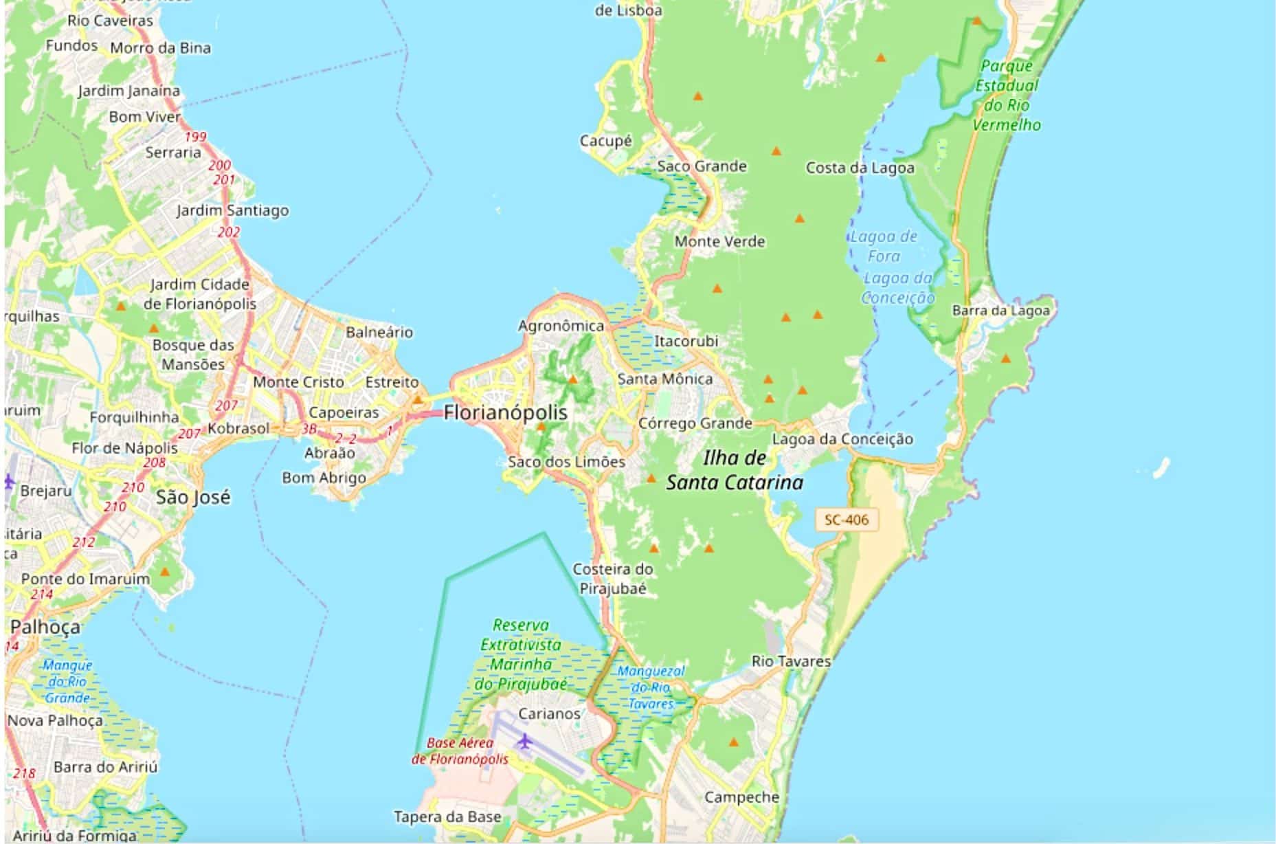 A map showing Santa Katarina island and the mainland area that together make up Florianopolis