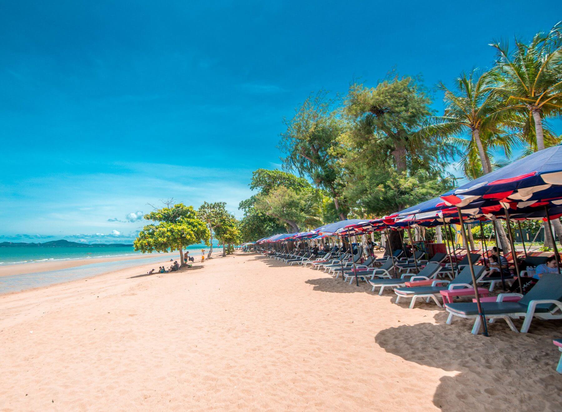 A stretch of a golden sandy beach in Pattaya Jomtien with palm trees and umbrellas