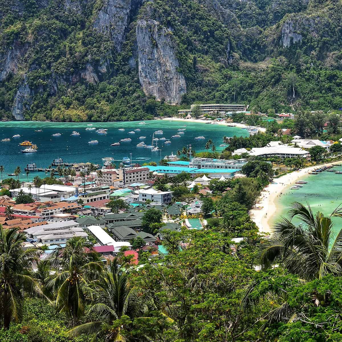 The beach and emerald waters of The Phi Phi Islands, living in Krabi