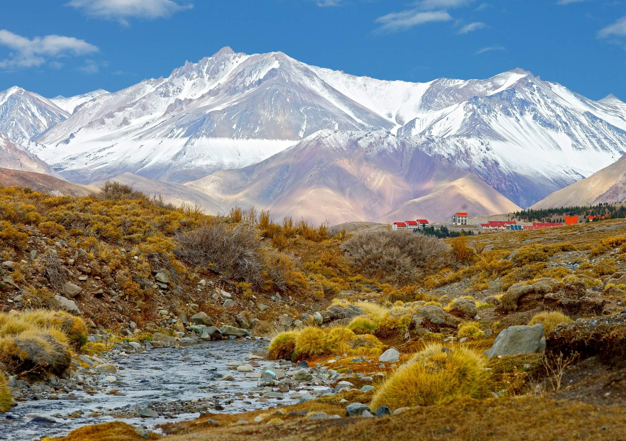 High mountains covered in snow and a mountain river in the foreground