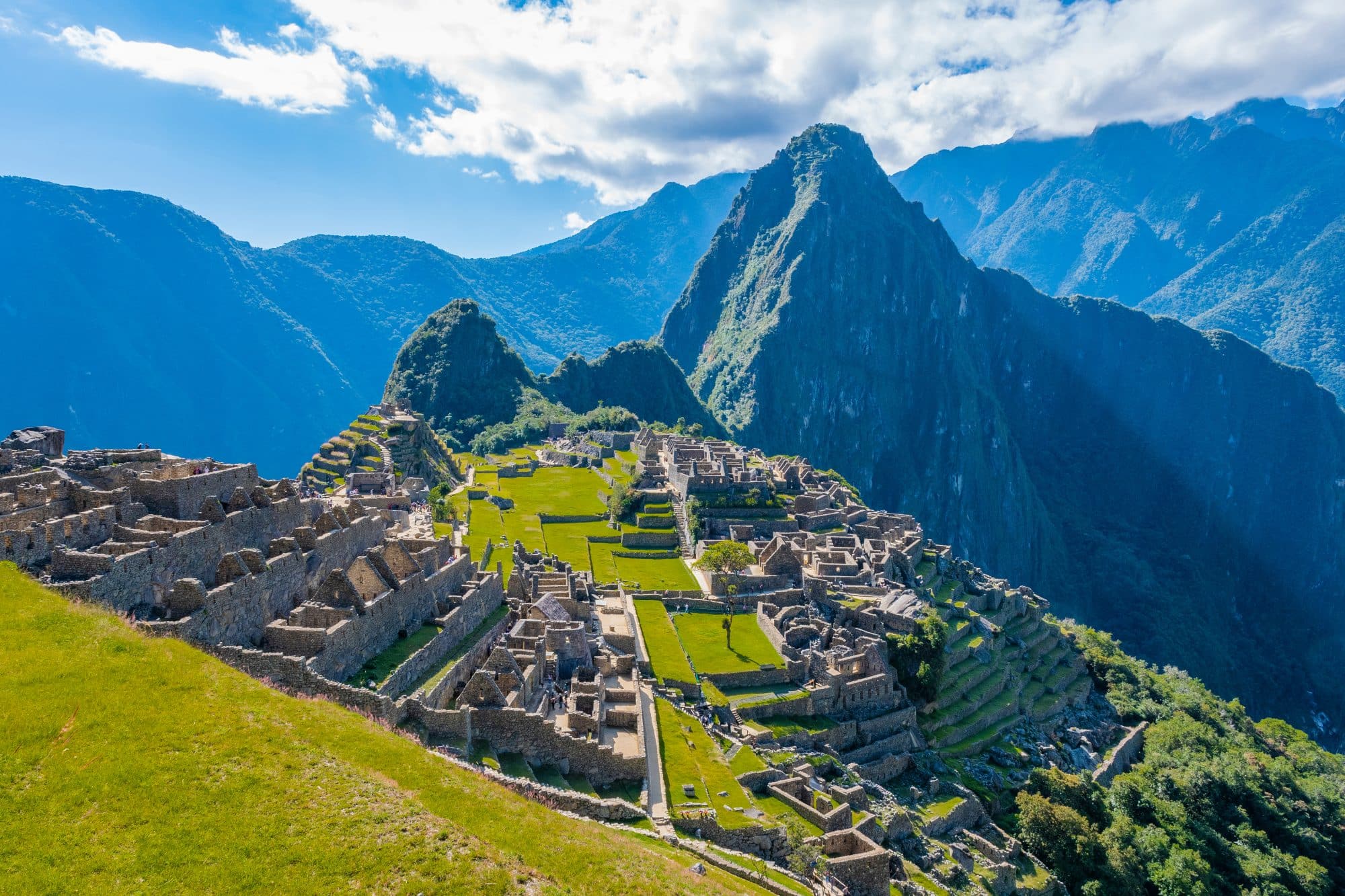 A view of Machu Picchu, the ancient Incan citadel perched high in the Andes Mountains of Peru.