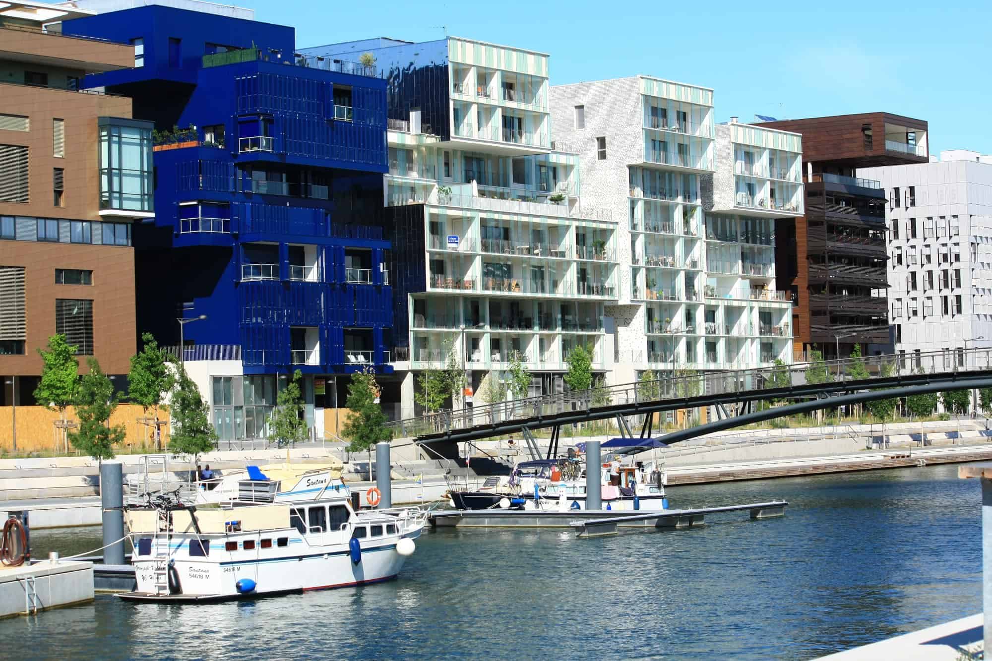 Boats moored at the Confluences Marina in Lyon