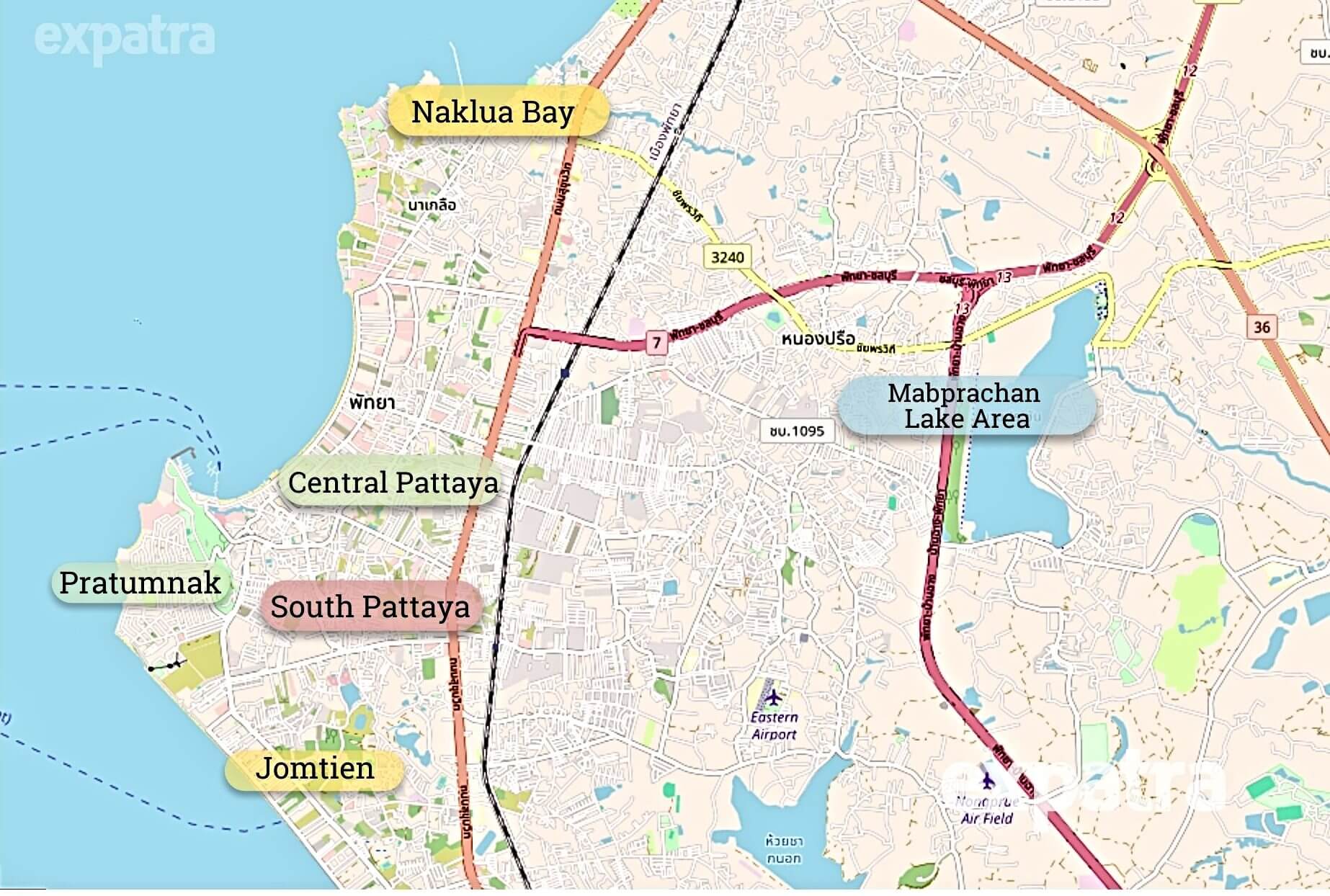 A map showing neighborhoods of Pattaya