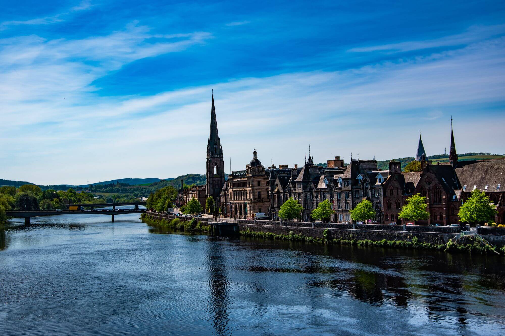 Panoramic view of Perth town. River Tay, Scotlan