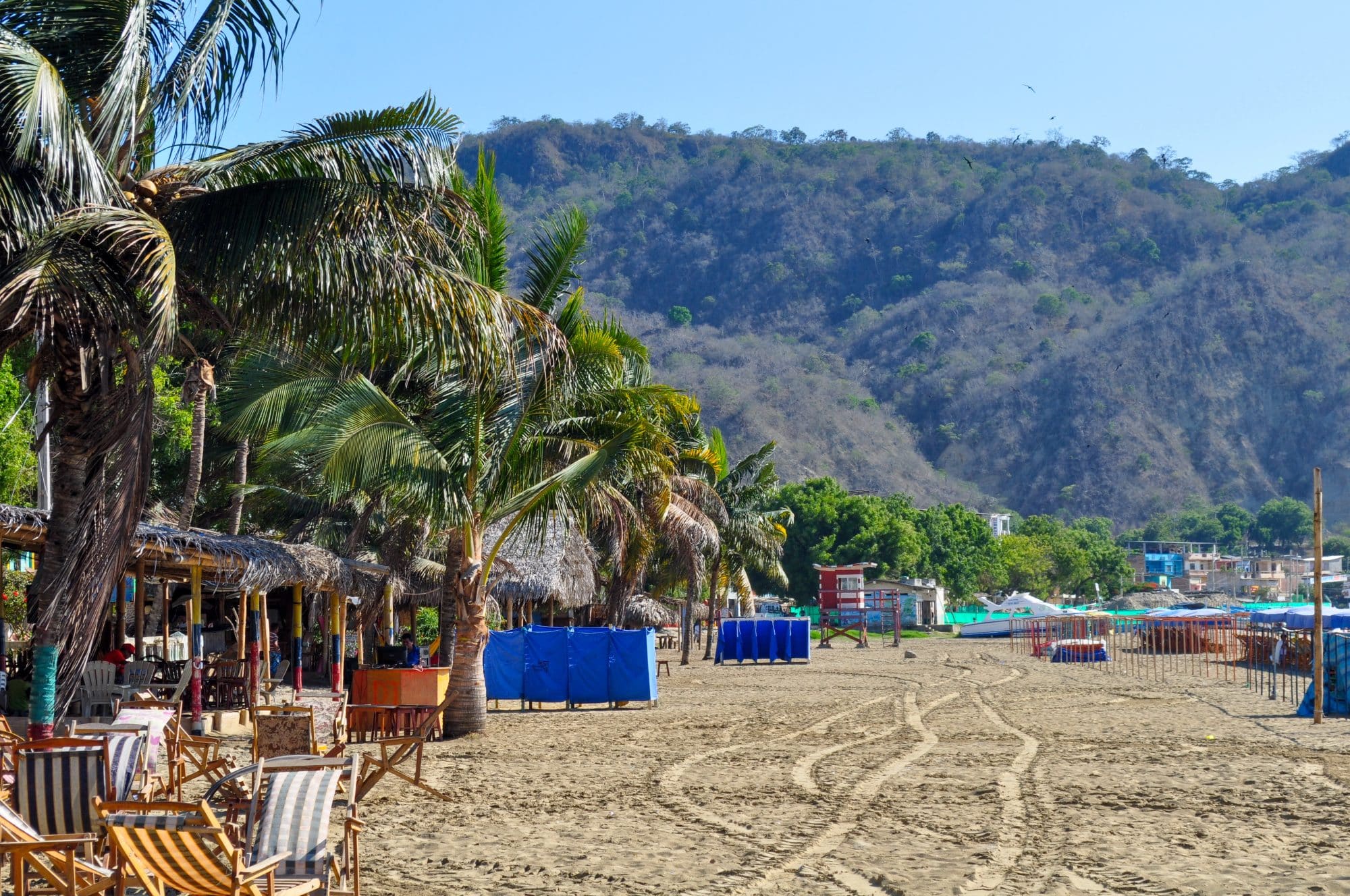 A sandy beach with palms, sof sand and forest hills in the background