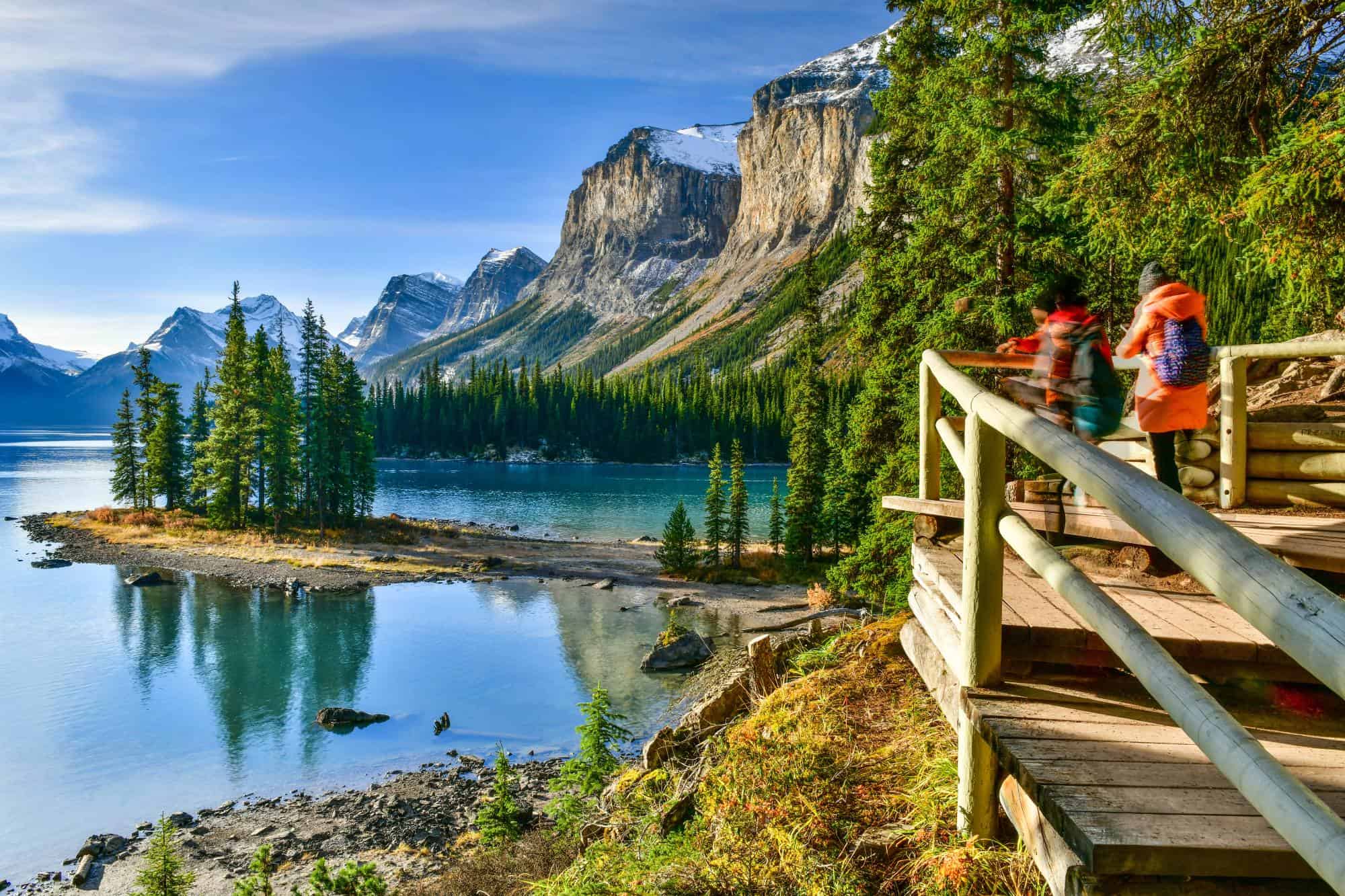 Hikers on the wooden path around a lake.