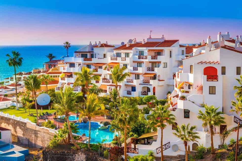 White beachside villas facing the sea in the Canary Islands, Spain