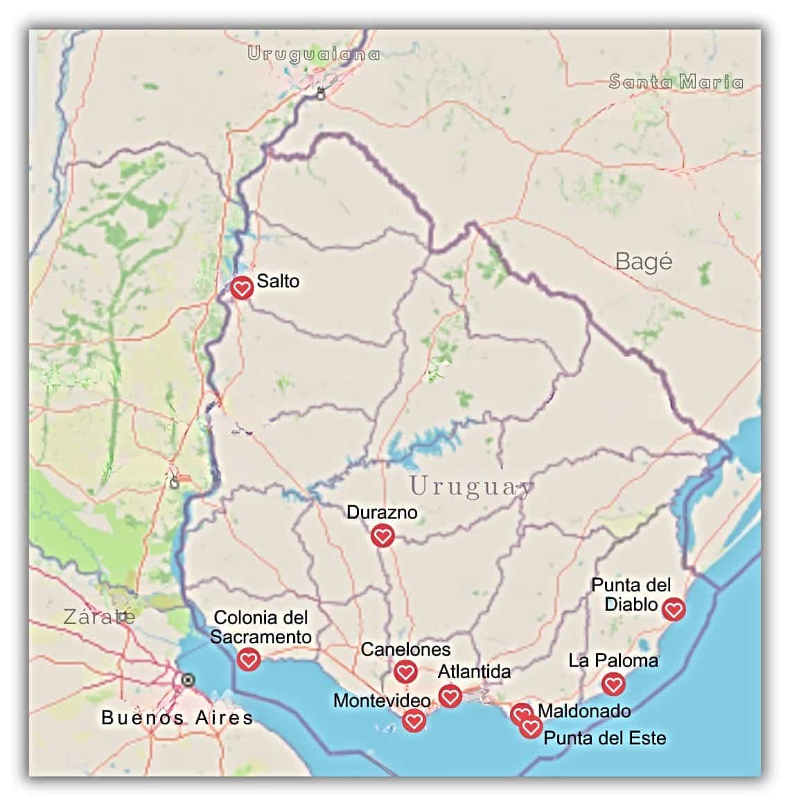 The map of Uruguay showing the best places to live in the country for expats